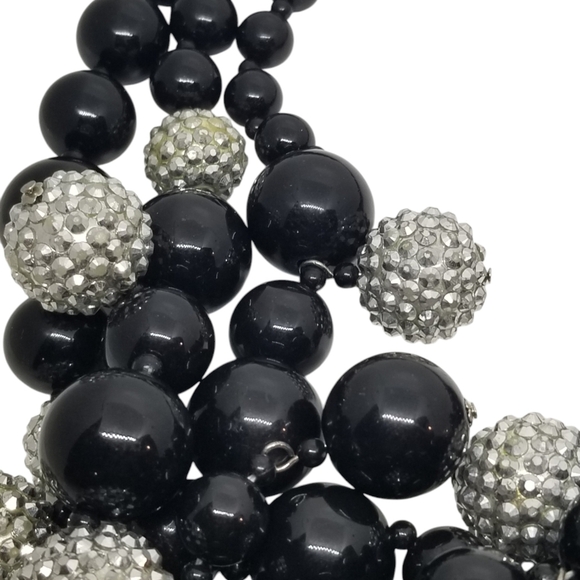 VINTAGE BLACK & SILVER SPARKLE BEAD LAYERED CHUNKY STATEMENT NECKLACE - Picture 5 of 7
